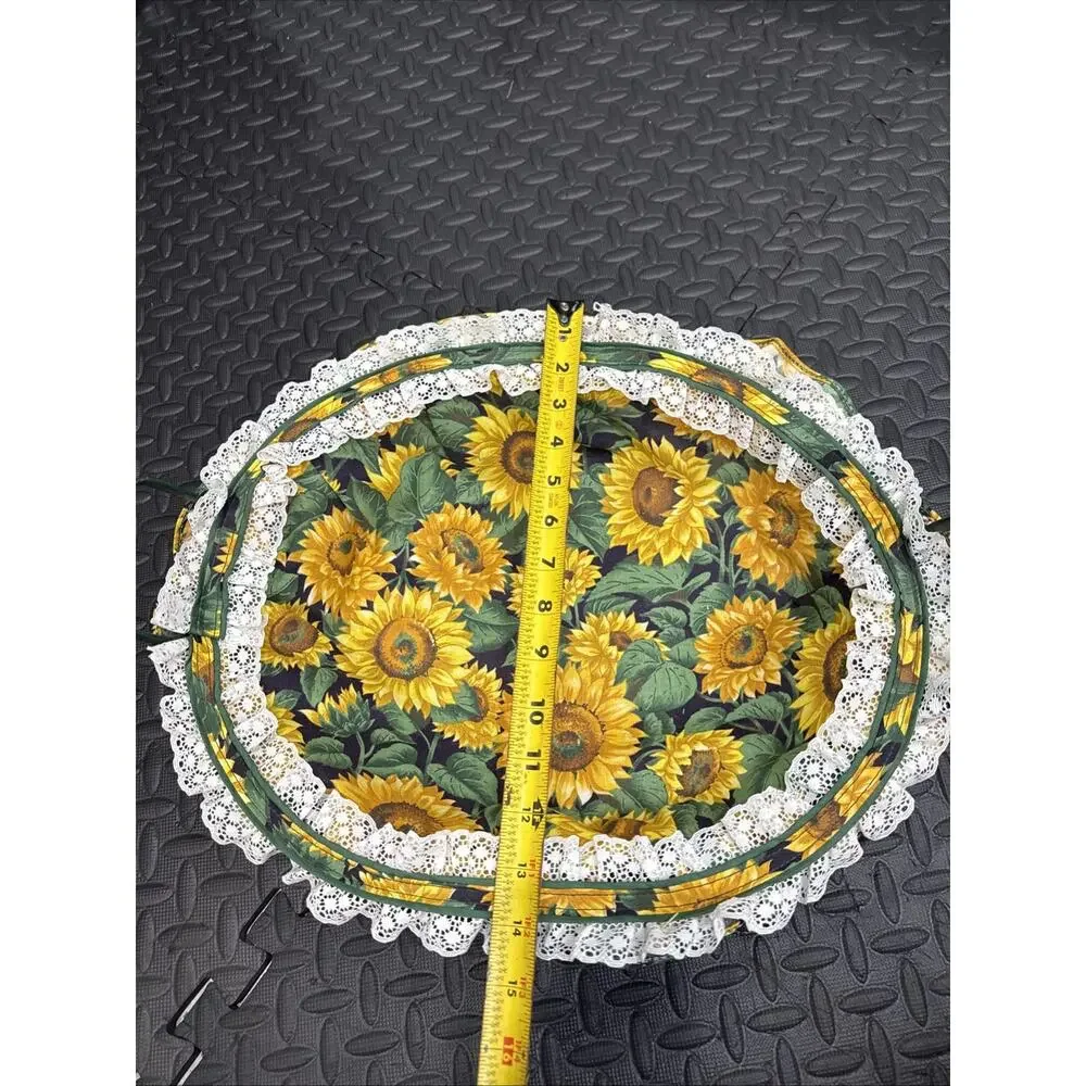 Vintage Fabric Lined Oval Tray With Sunflower Print & Lace Trim NEW *